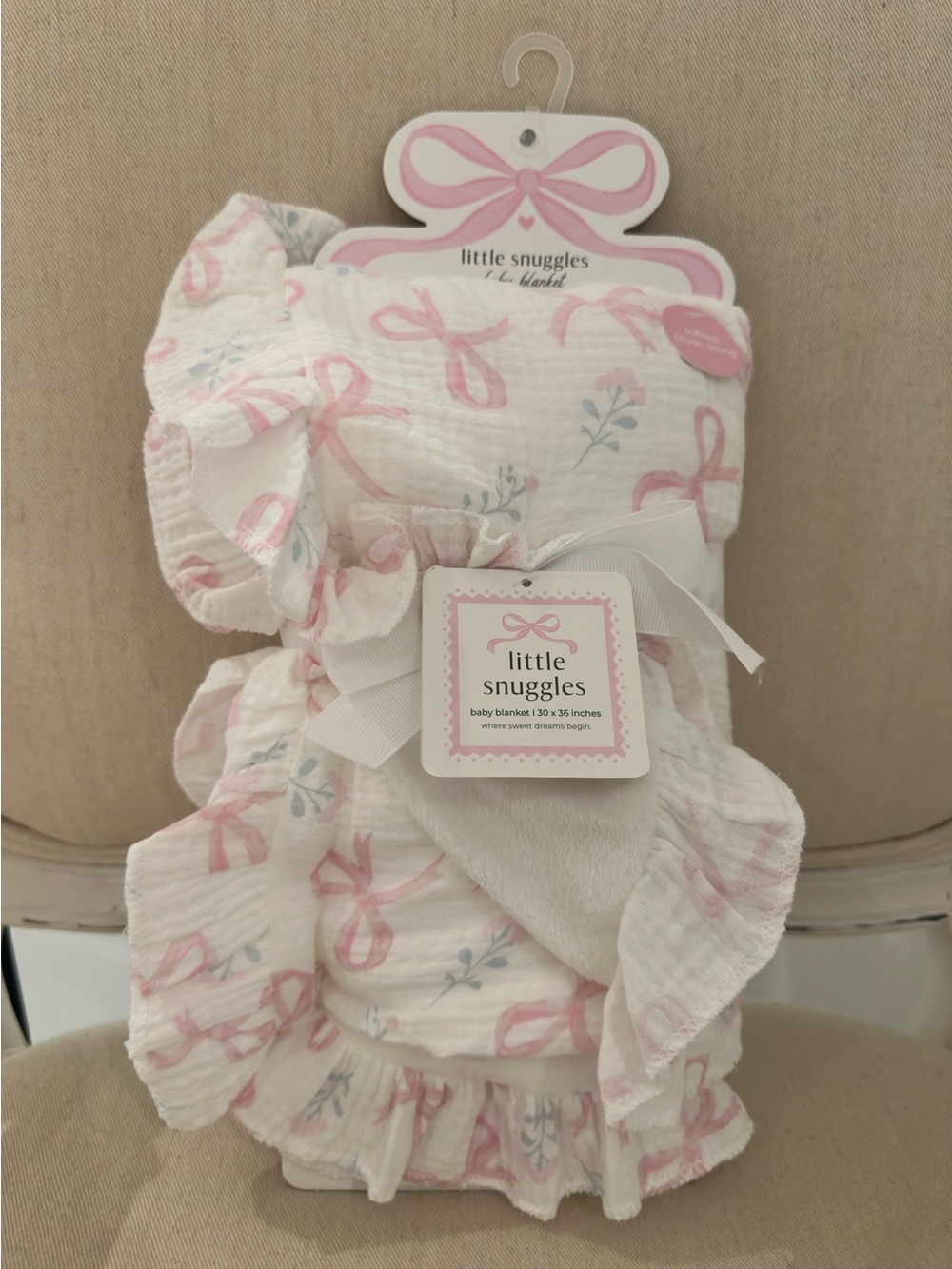🎀 NWT Little Snuggles Pink Bow Baby Blanket - Soft Muslin Comfort Ruffled